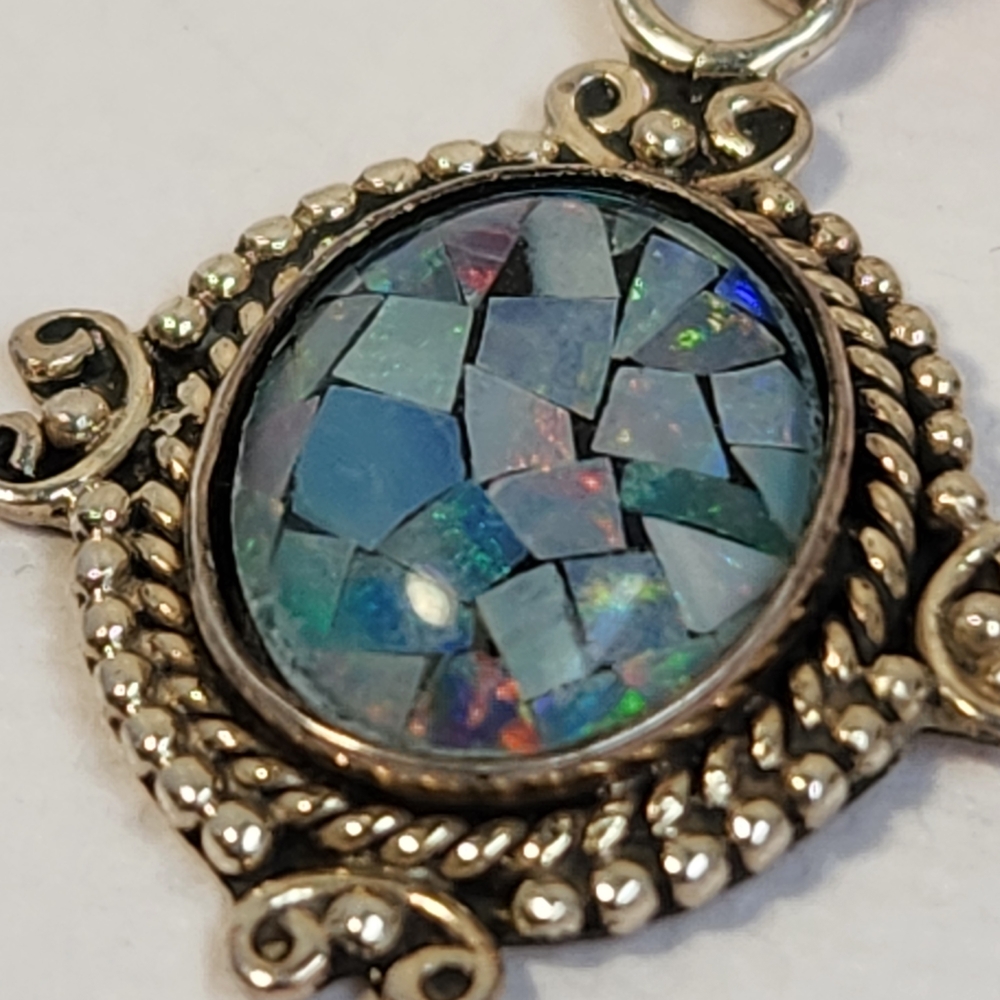 Artsy NWT Old Stock 925 Blue Fire Opal Mosaic Pendant Italy Necklace VTG